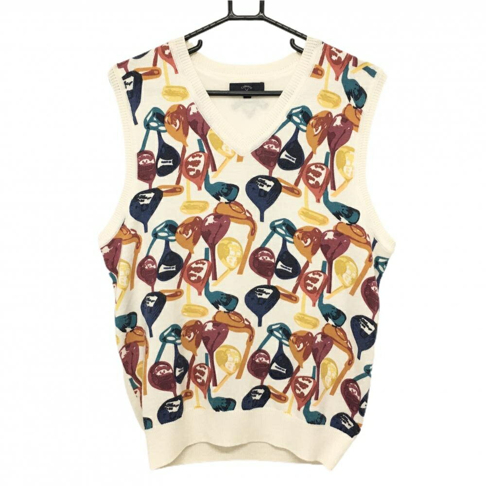 【美品】キャロウェイ ニットベスト アイボリー×マルチ 前面クラブ柄 ウール混 Vネック メンズ L ゴルフウェア Callaway