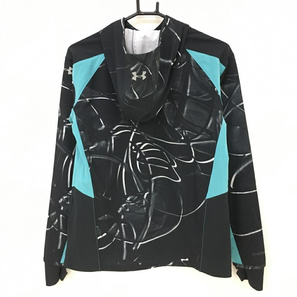 【超美品】アンダーアーマー ジップパーカー 黒×ライトブルー 総柄 袖下切替 サムホール レディース MD/M/M(M) ゴルフウェア UNDER ARMOUR