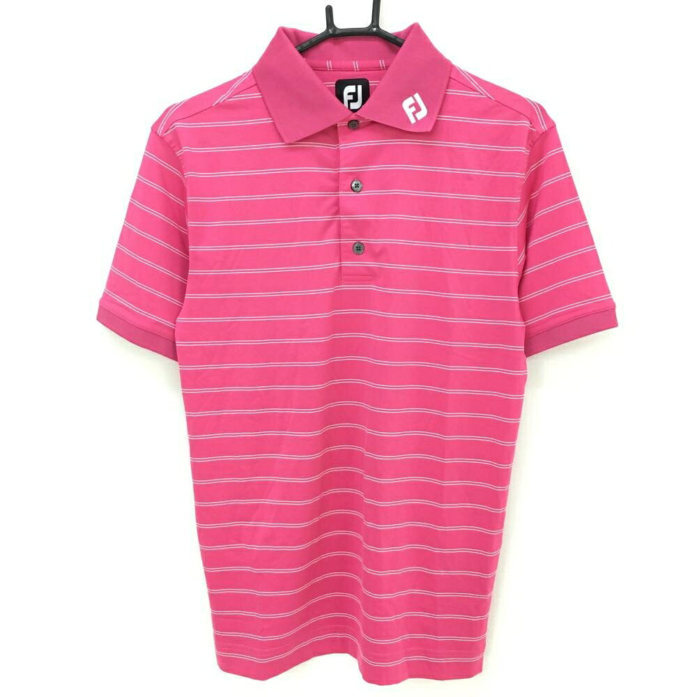 【美品】フットジョイ 半袖ポロシャツ ピンク×白 ボーダー 襟刺しゅう メンズ S ゴルフウェア FootJoy