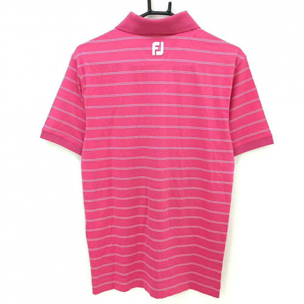 【美品】フットジョイ 半袖ポロシャツ ピンク×白 ボーダー 襟刺しゅう メンズ S ゴルフウェア FootJoy