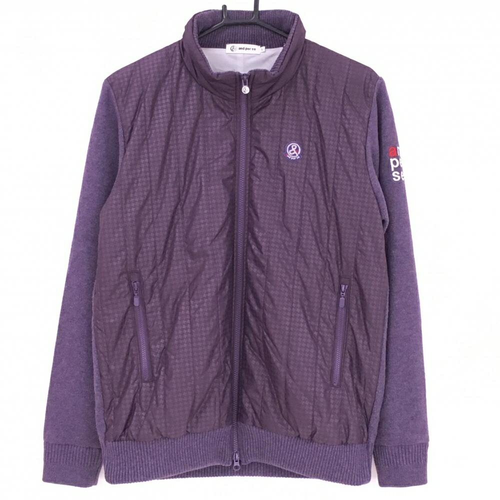 ★特価★【美品】アンパスィ 中綿ニットジャケット パープル 前身頃千鳥格子 裏地付き メンズ L ゴルフウェア and per se