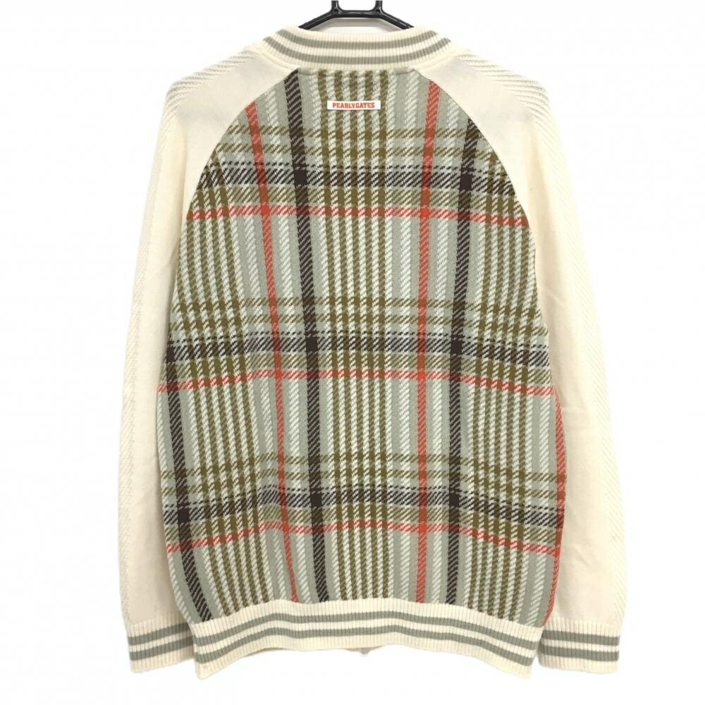 【超美品】パーリーゲイツ ニットジャケット アイボリー×ライトグレー×ブラウン 身頃チェック柄 メンズ 5(L) ゴルフウェア PEARLY GATES