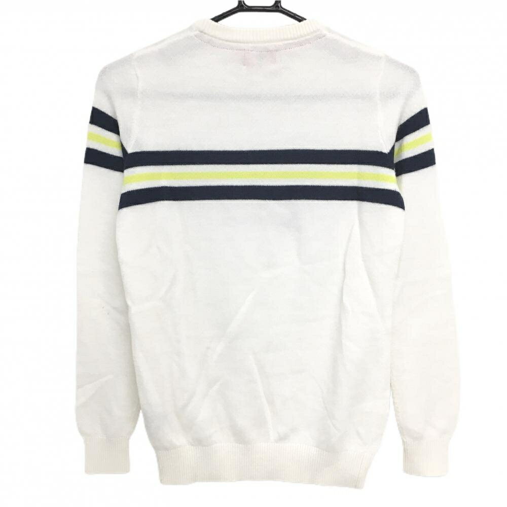 【美品】ニューバランスゴルフ セーター 白×ネイビー 袖ライン ロゴ刺しゅう ウール混 ニット レディース 0(S) ゴルフウェア New Balance