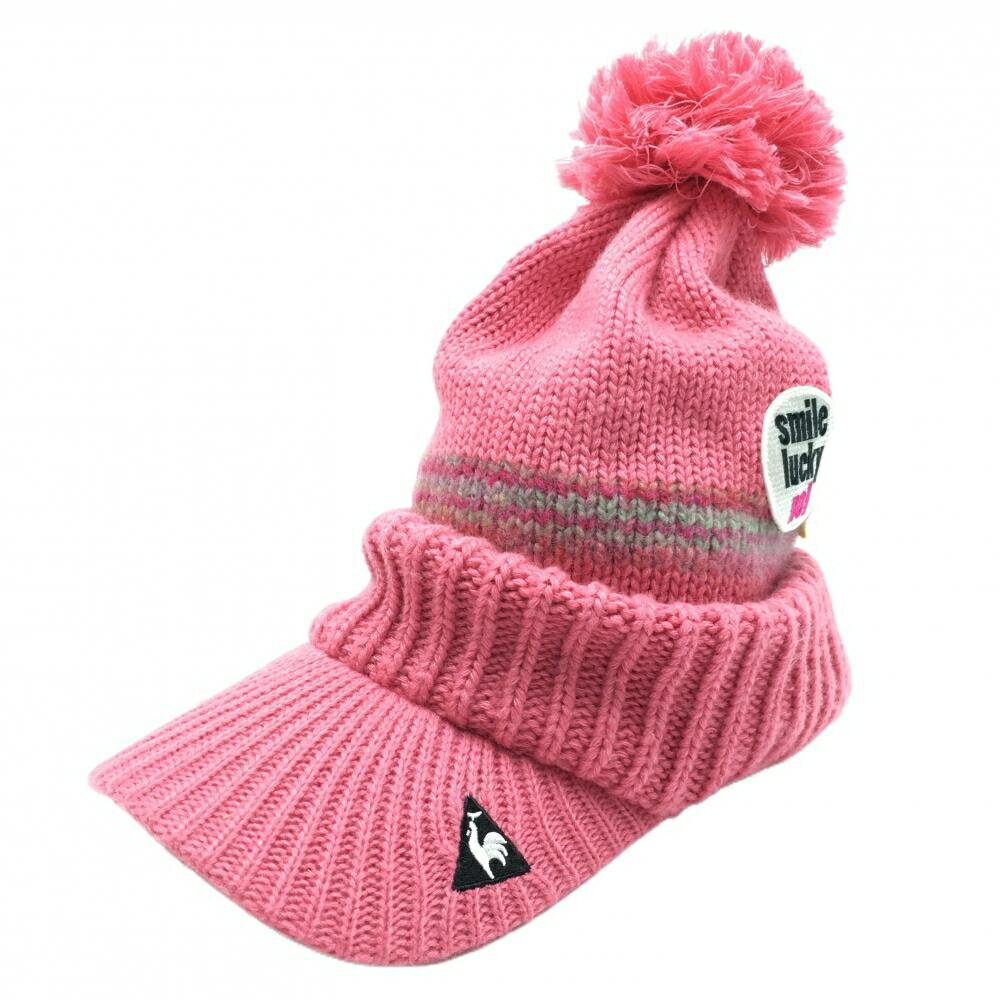 【美品】ルコック つば付ニット帽 ピンク 星ワッペン ウール混 ボンボン付 レディース FREE ゴルフウェ..