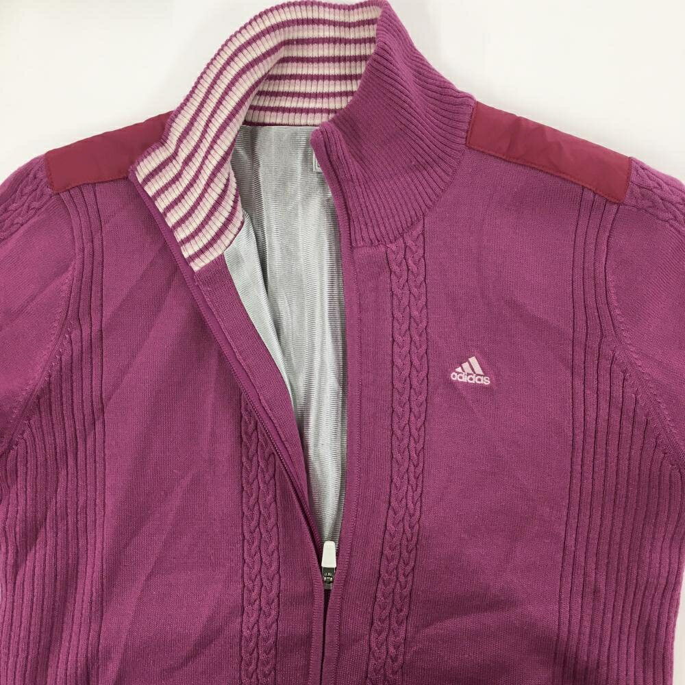 【美品】アディダス ニットジャケット ピンク 蓄熱裏地 一部ケーブル編み ウール混 一部異素材 レディース L/G ゴルフウェア adidas