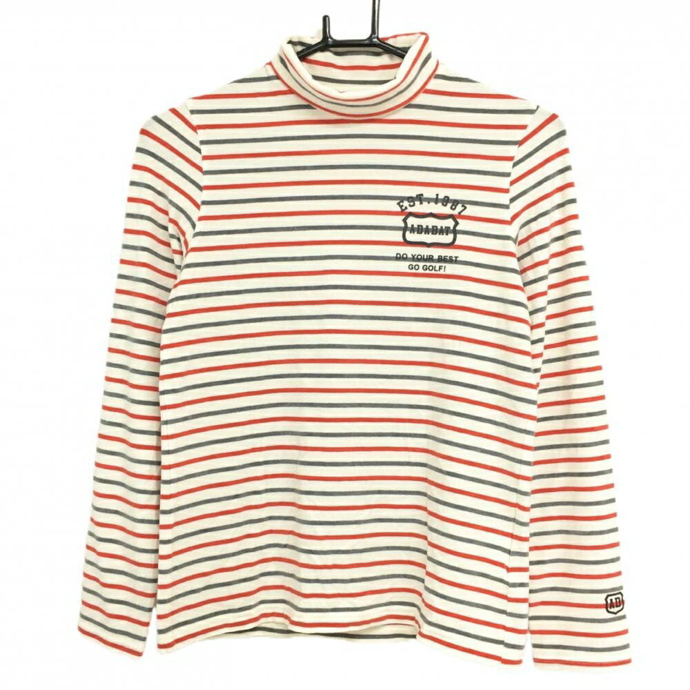 Adabat - 【超美品】アダバット 長袖ハイネックシャツ 白×レッド×グレー ボーダー 表微起毛 レディース 38(M) ゴルフウェア adabat