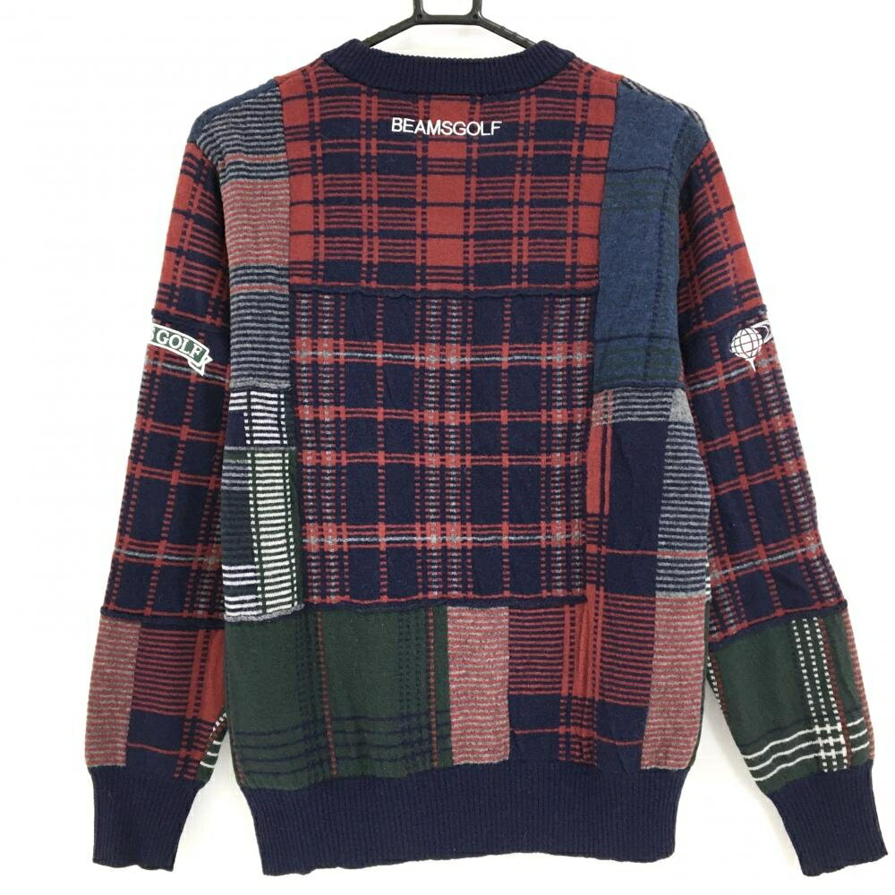 【美品】ビームスゴルフ セーター ネイビー×レッド×グリーン チェック ニット ウール混 メンズ M ゴルフウェア BEAMS GOLF
