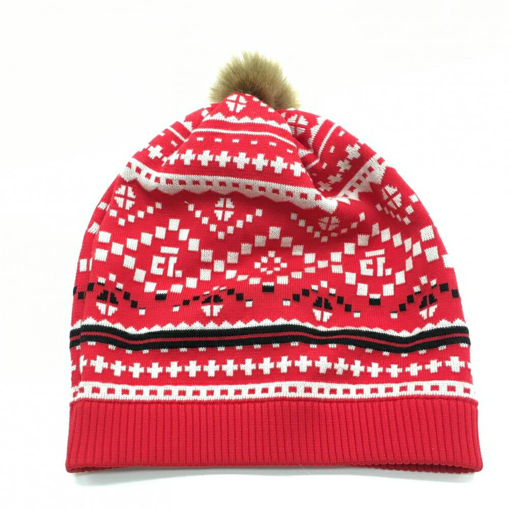 【超美品】アルチビオ ニット帽 レッド×白 総柄 ウール混 ボンボン付 ゴルフウェア archivio