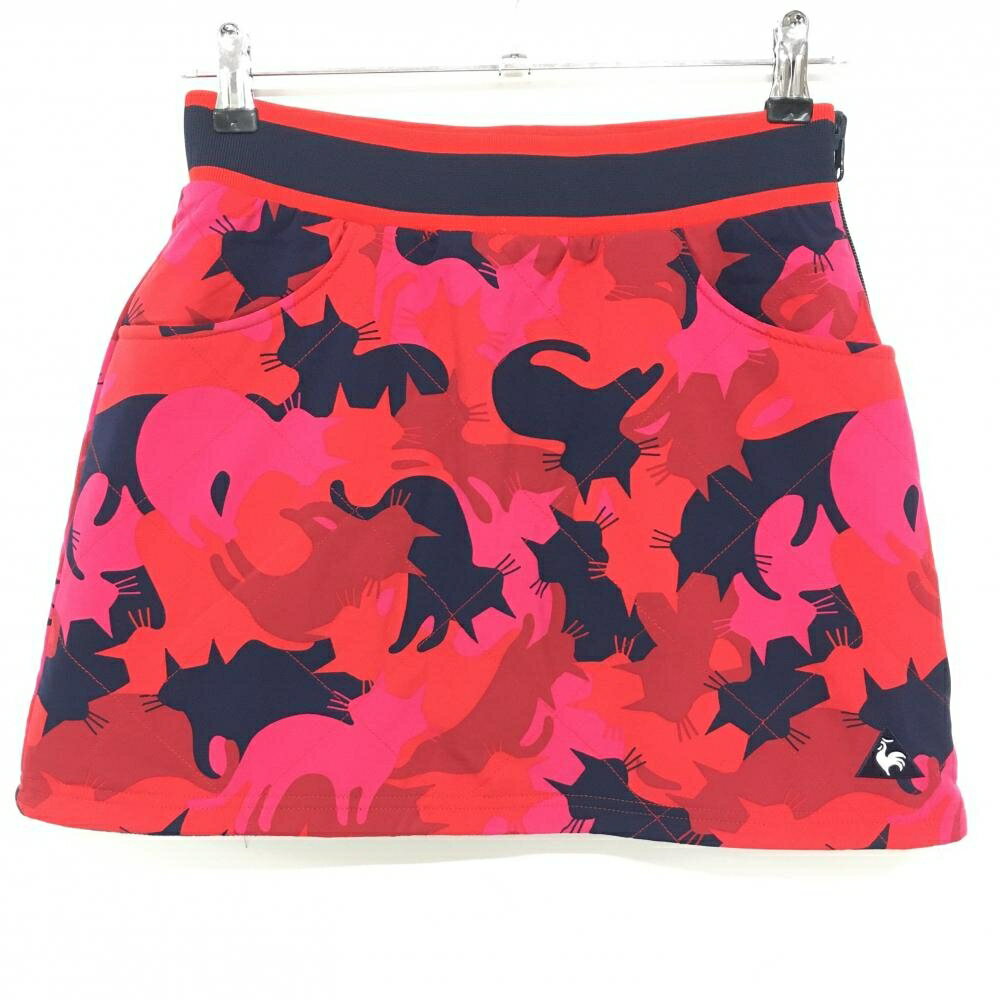 ルコック 中綿リバーシブルスカート ピンク×ネイビー ネコ柄 裏ベロア生地調 ウエストゴム レディース ..