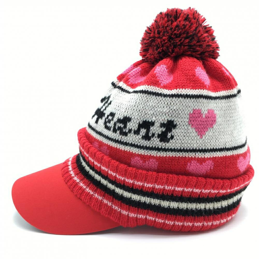 【超美品】ビバハート つば付きニット帽 レッド×白 ハート柄 ボンボン付き レディース 40 ゴルフウェア VIVA HEART