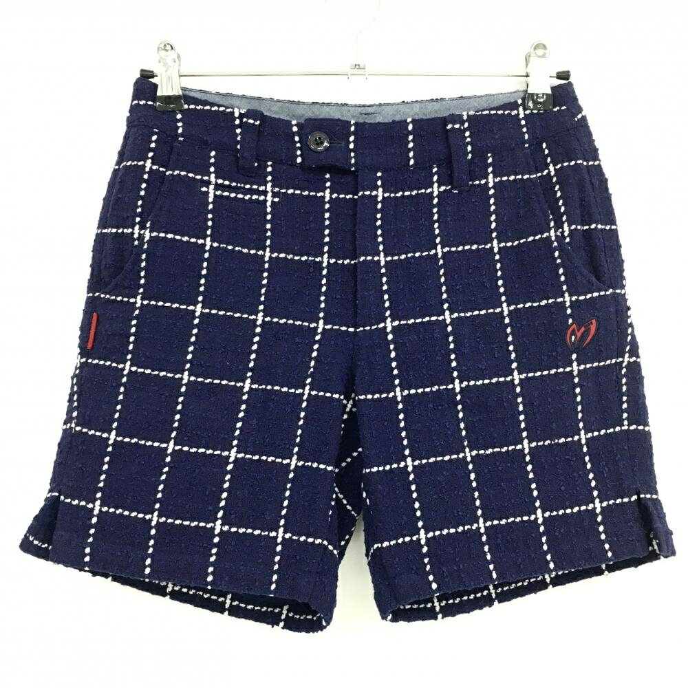 ★特価★【美品】マスターバニー ショートパンツ ネイビー×白 格子チェック 凹凸生地 裏地付 レディース 0(S) ゴルフウェア MASTER BUNNY EDITION