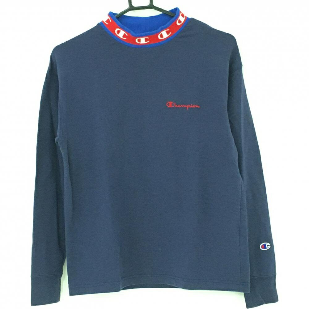 【ポイント10倍！楽天スーパーセール期間限定】【美品】チャンピオン 長袖ハイネックシャツ ネイビー×レッド ネックロゴ 裏微起毛 レディース LARGE ゴルフウェア Champion