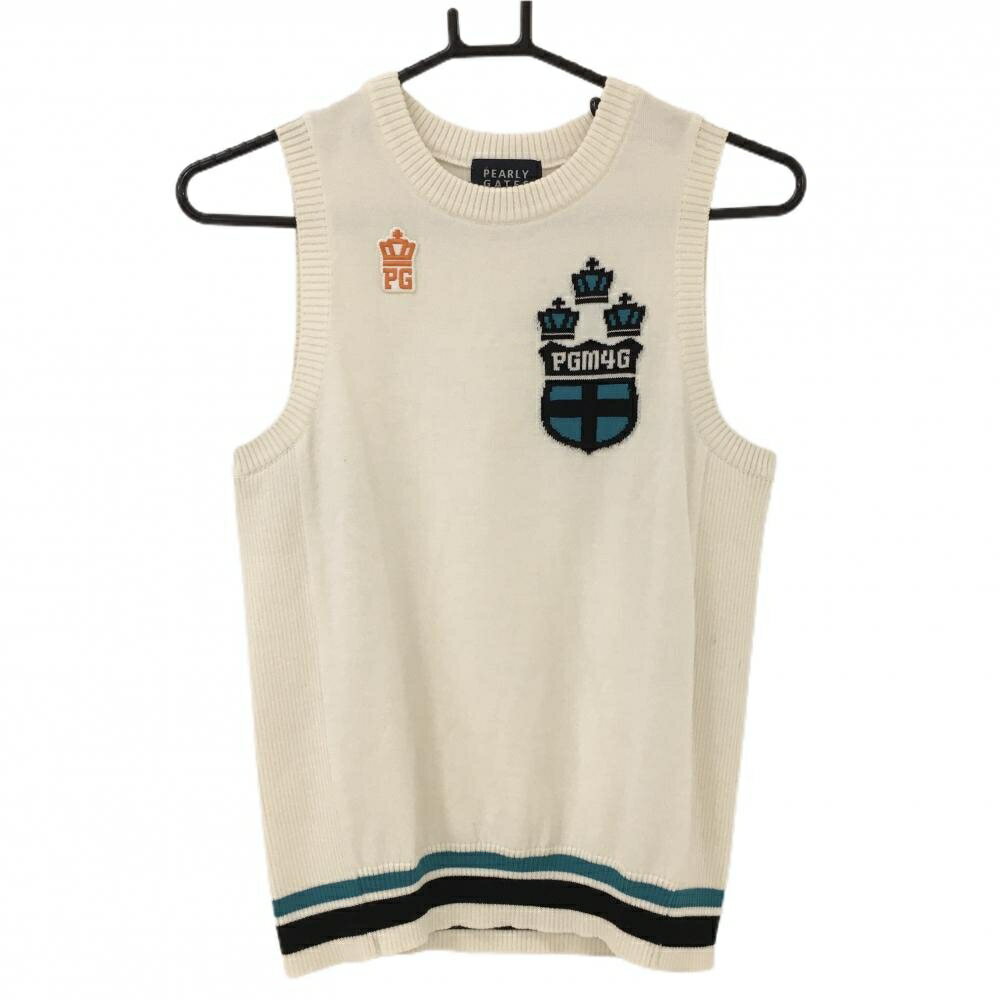 【美品】パーリーゲイツ ニットベスト 白×ブルー ウール混 レディース 0(S) ゴルフウェア PEARLY GATES