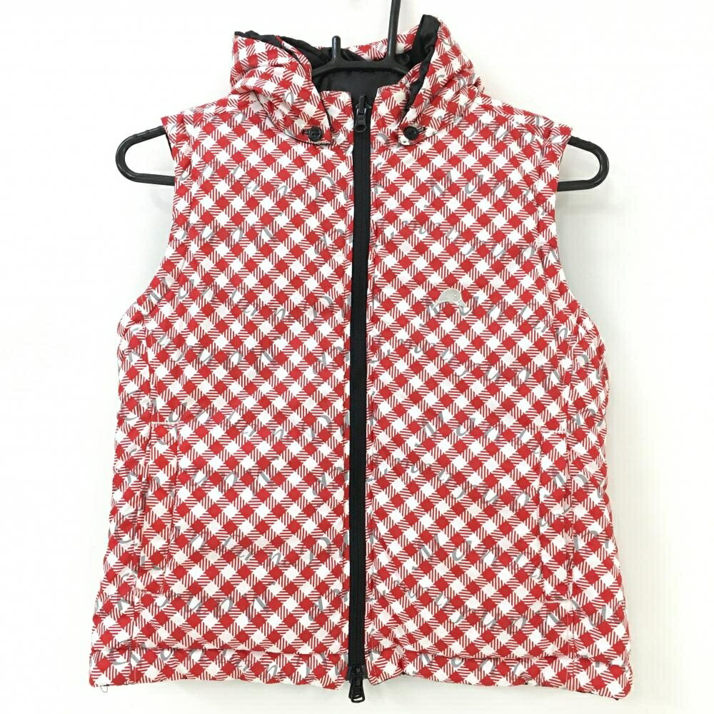 【美品】マンダリナダック 中綿リバーシブルベスト レッド×白 チェック 4WAY フード着脱可 レディース ..