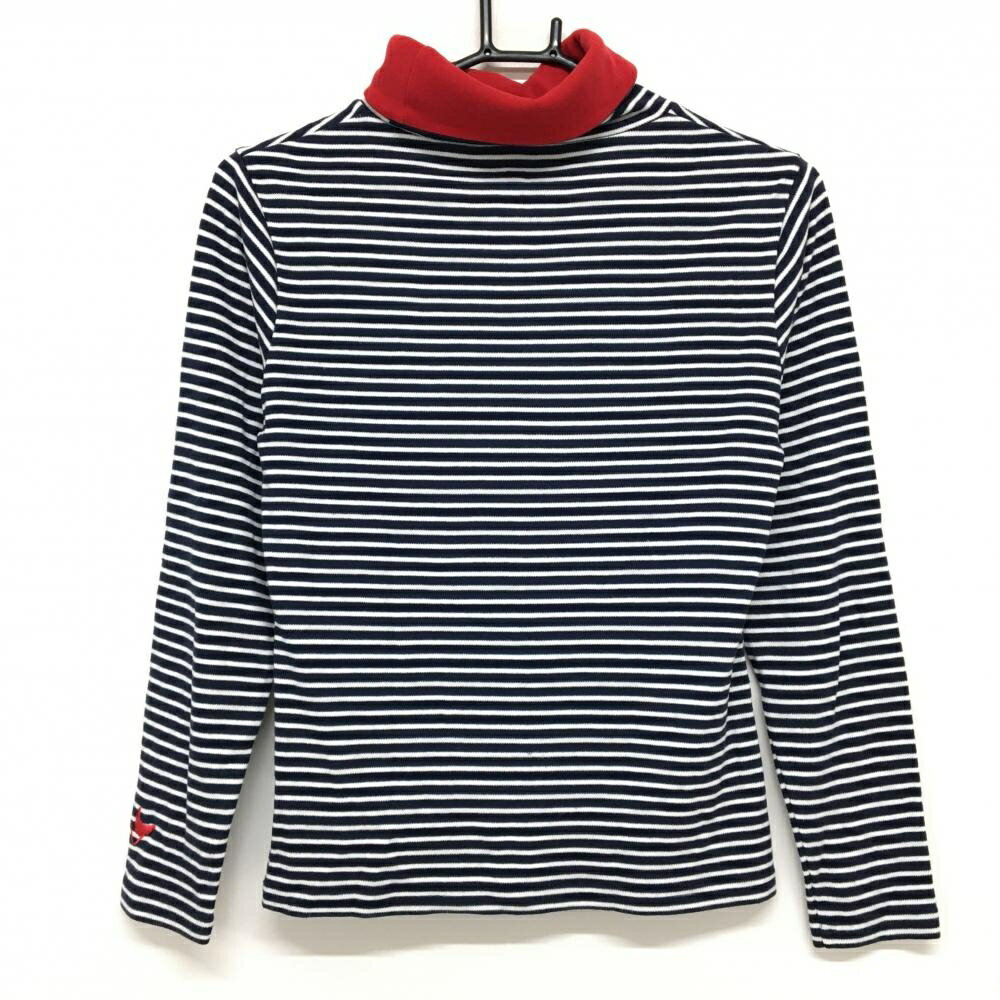 【美品】クランク 長袖ハイネックシャツ ネイビー×白 ボーダー 微起毛 アクリル混 レディース S ゴルフウェア CLUNK