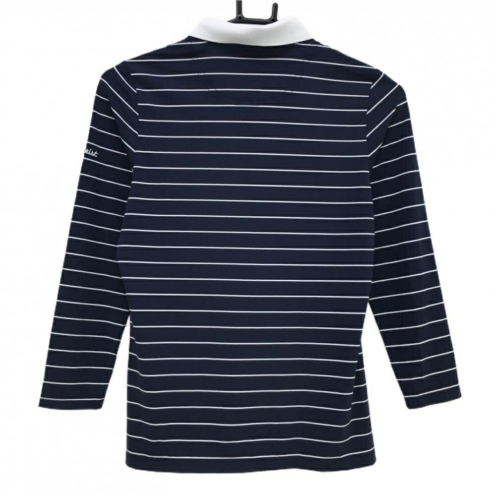 【超美品】タイトリスト 長袖ポロシャツ ネイビー×白 ボーダー 袖ロゴ刺しゅう レディース S ゴルフウェア TITLEIST
