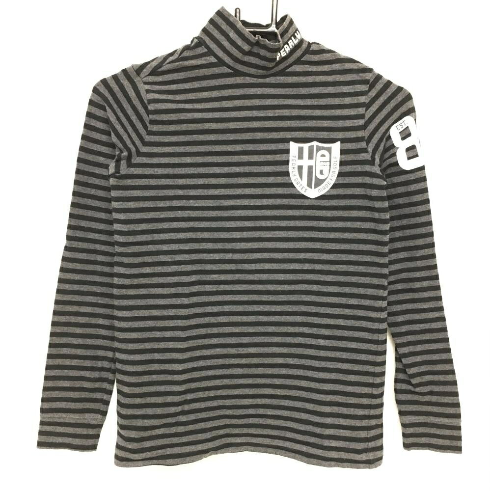 【当店ポイント5倍！2月1日限り】【美品】パーリーゲイツ 長袖ハイネックシャツ グレー×黒 ボーダー ロゴプリント レディース 0(S) ゴルフウェア PEARLY GATES