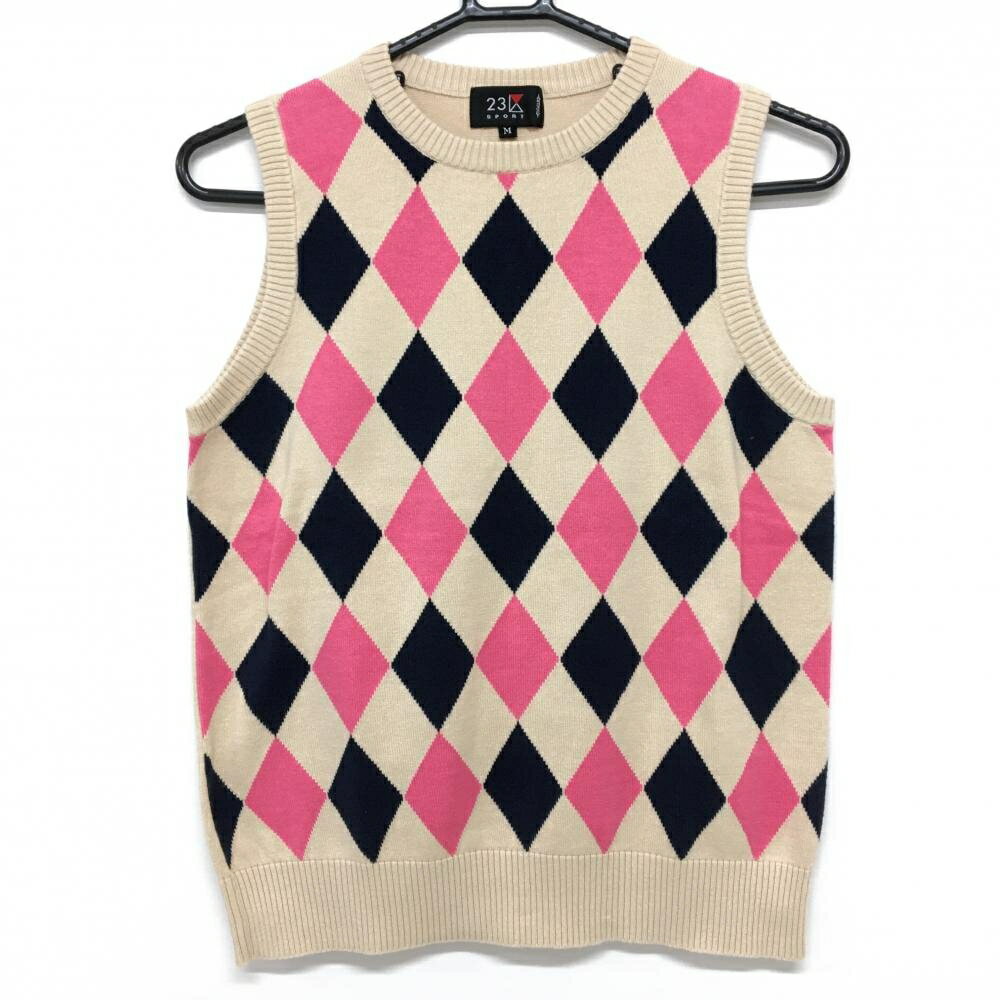 23区スポーツ ニットベスト ベージュ×ピンク ダイヤ柄 コットン100％ レディース M ゴルフウェア 23区