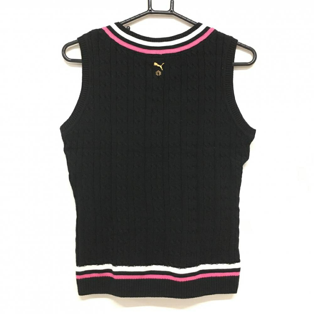 【超美品】プーマ ニットベスト 黒×ピンク ケーブル編み Vネック コットン混 レディース L ゴルフウェア PUMA