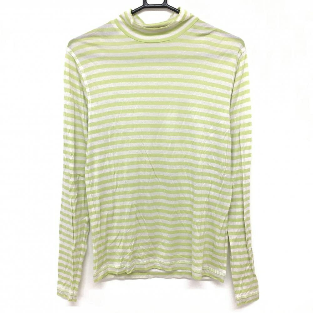 【超美品】ヒールクリーク 長袖ハイネックシャツ 白×ライトグリーン ボーダー インナー メンズ 48(M) ゴルフウェア Heal Creek