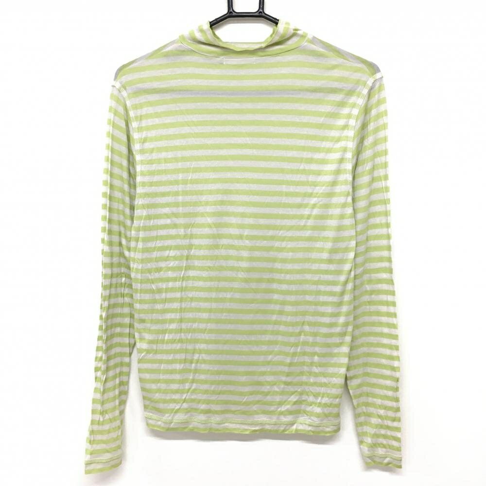 【超美品】ヒールクリーク 長袖ハイネックシャツ 白×ライトグリーン ボーダー インナー メンズ 48(M) ゴルフウェア Heal Creek
