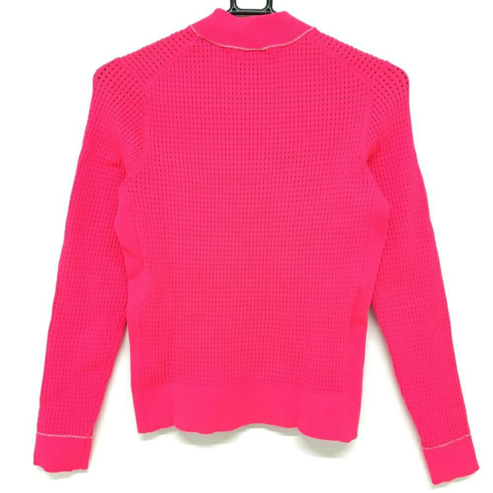 【超美品】ビバハート ハイネックセーター 蛍光ピンク 透かし編み シルバーライン 裾ロゴ レディース 40(M) ゴルフウェア VIVA HEART
