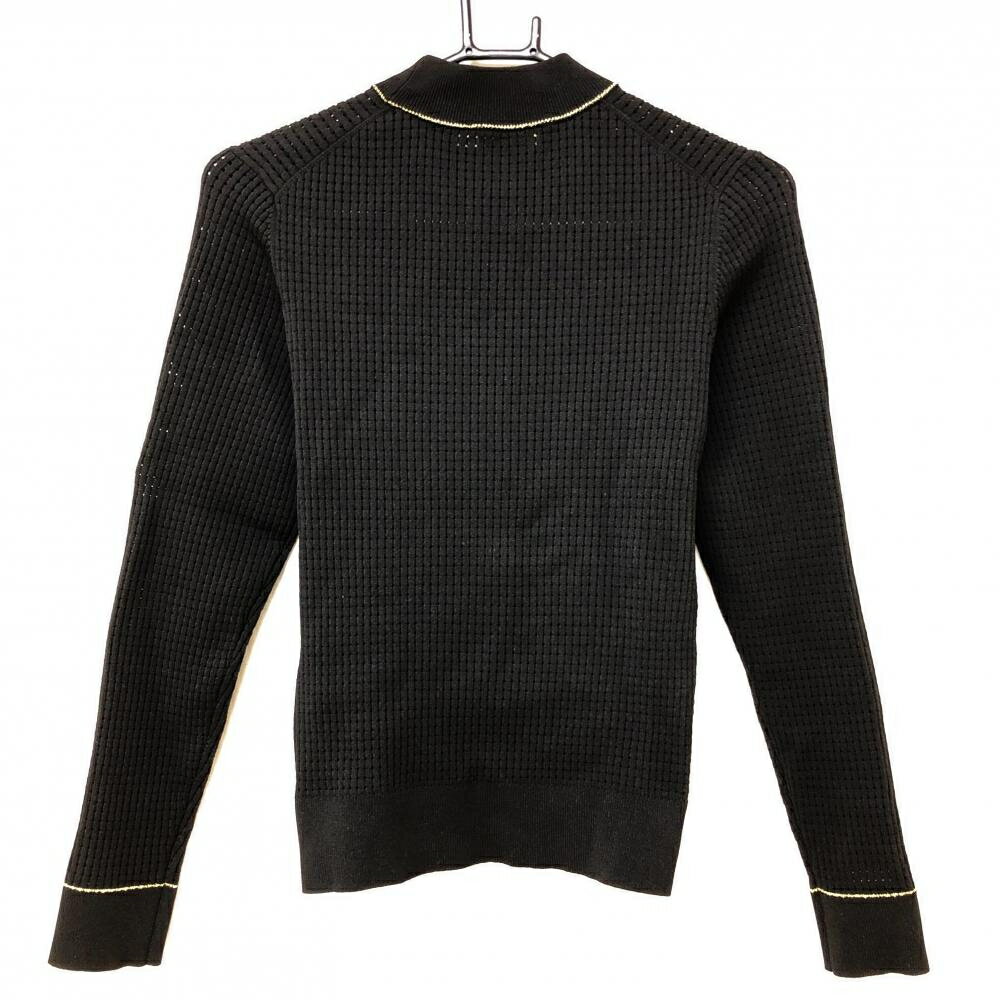 【超美品】ビバハート ハイネックセーター 黒 透かし編み ゴールドライン 裾ロゴ レディース 40(M) ゴルフウェア VIVA HEART