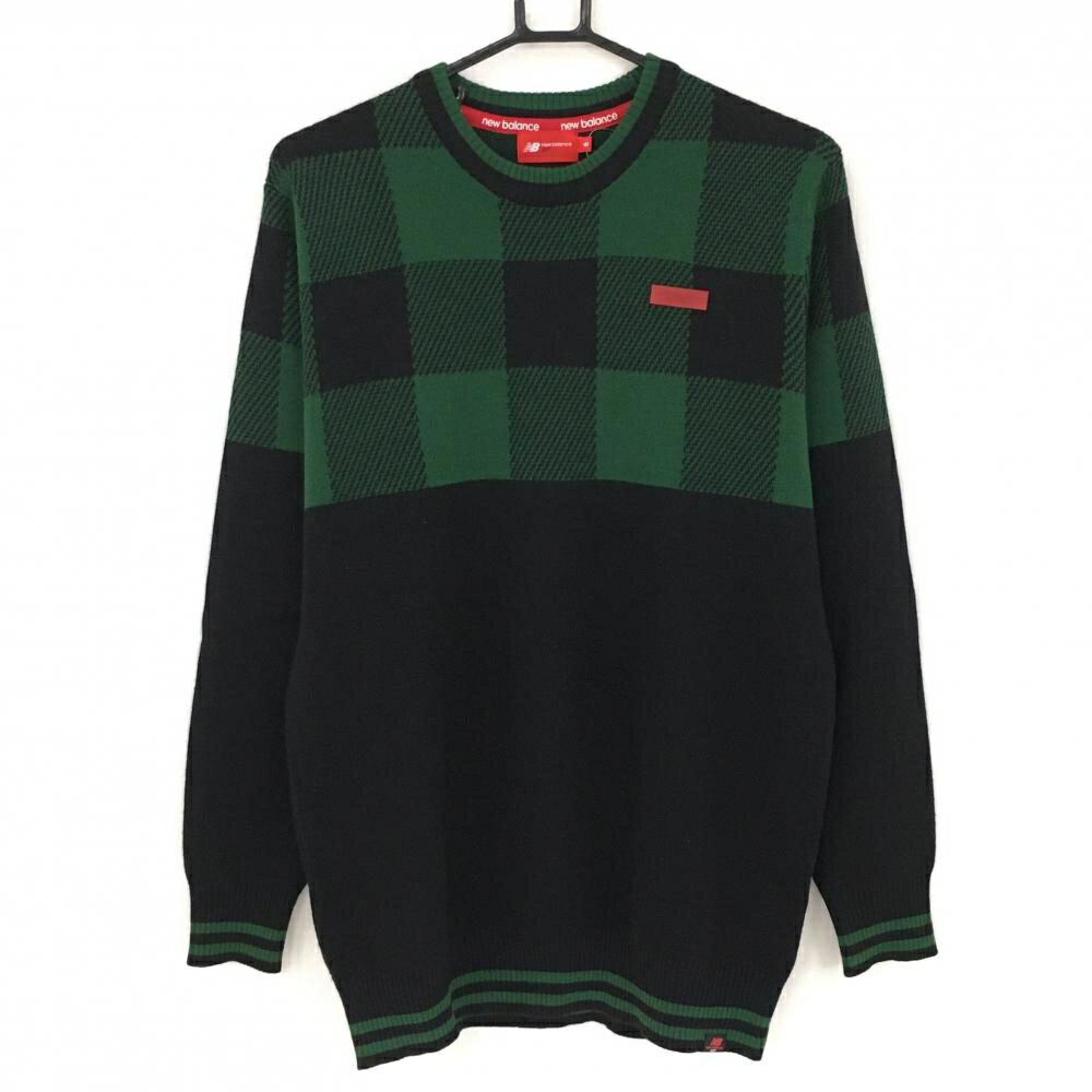 【美品】ニューバランスゴルフ セーター 黒×グリーン 上部ブロックチェック ウール混 ニット メンズ 5(..