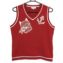 ★特価★【超美品】MUスポーツ ニットベスト レッド×白 Vネック イヌ レディース 40(M) ゴルフウェア M・U SPORTS