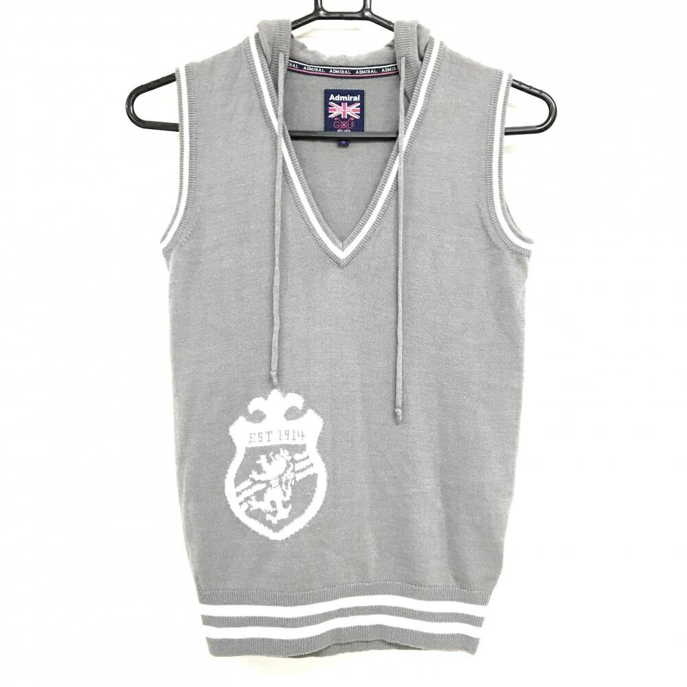 【美品】アドミラル ニットベスト グレー×白 フード付き Vネック レディース S ゴルフウェア Admiral