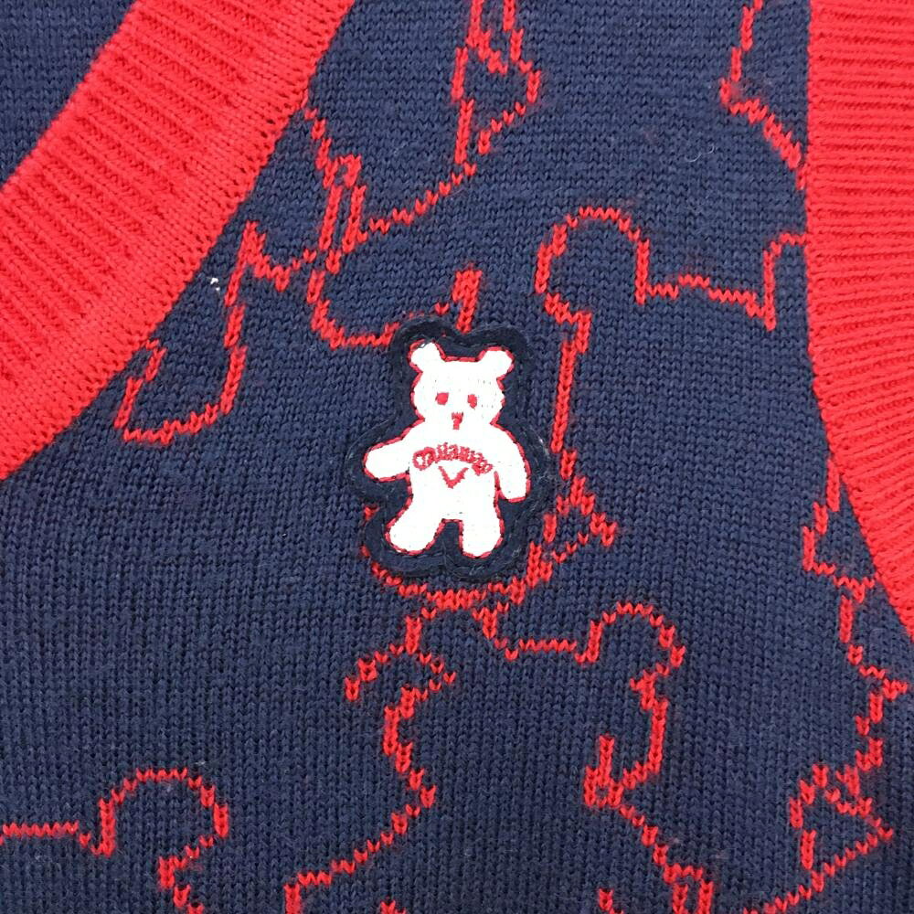 【超美品】キャロウェイ ニットベスト レッド×ネイビー ベアー総柄 ウール混 レデ...