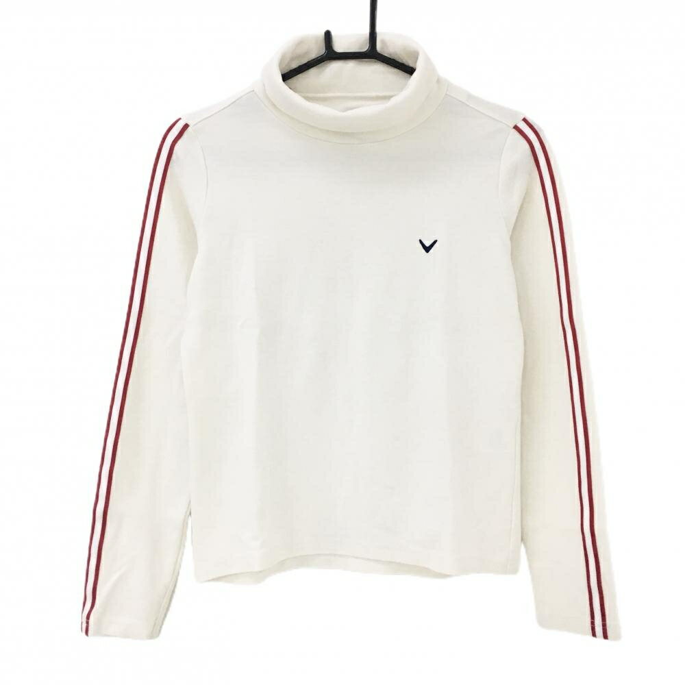 【美品】キャロウェイ 長袖ハイネックシャツ 白×レッド サイドライン ロゴ刺しゅう アクリル混 レディ..