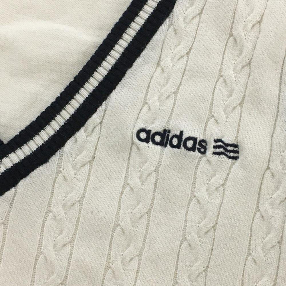 アディダス ニットベスト 白×ネイビー 前面ケーブル編み ウール混 レディース OT/XG ゴルフウェア adidas