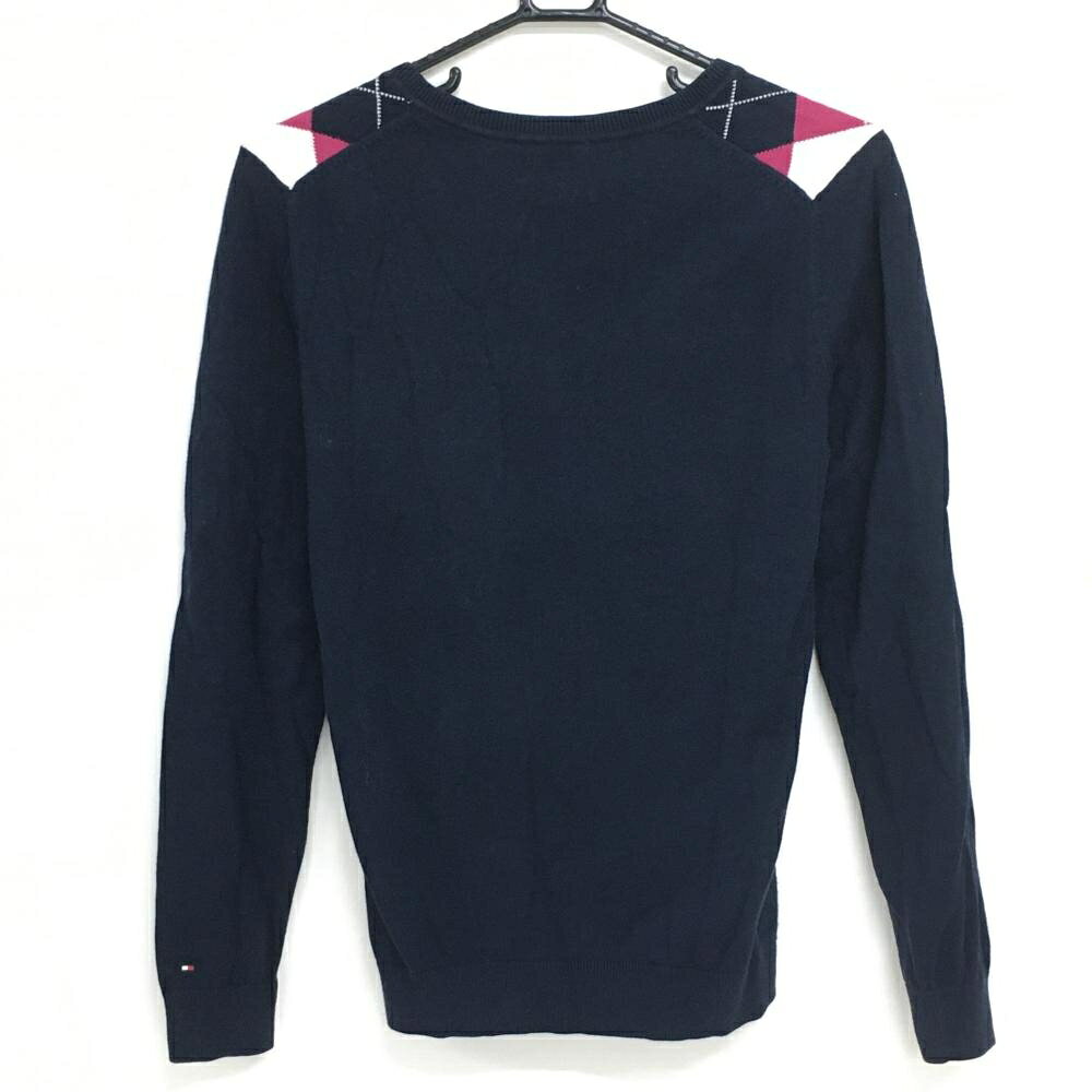 トミーヒルフィガー セーター ネイビー×ピンク 前アーガイル ニット 綿100％ Vネック レディース S/P ゴルフウェア Tommy Hilfiger Golf