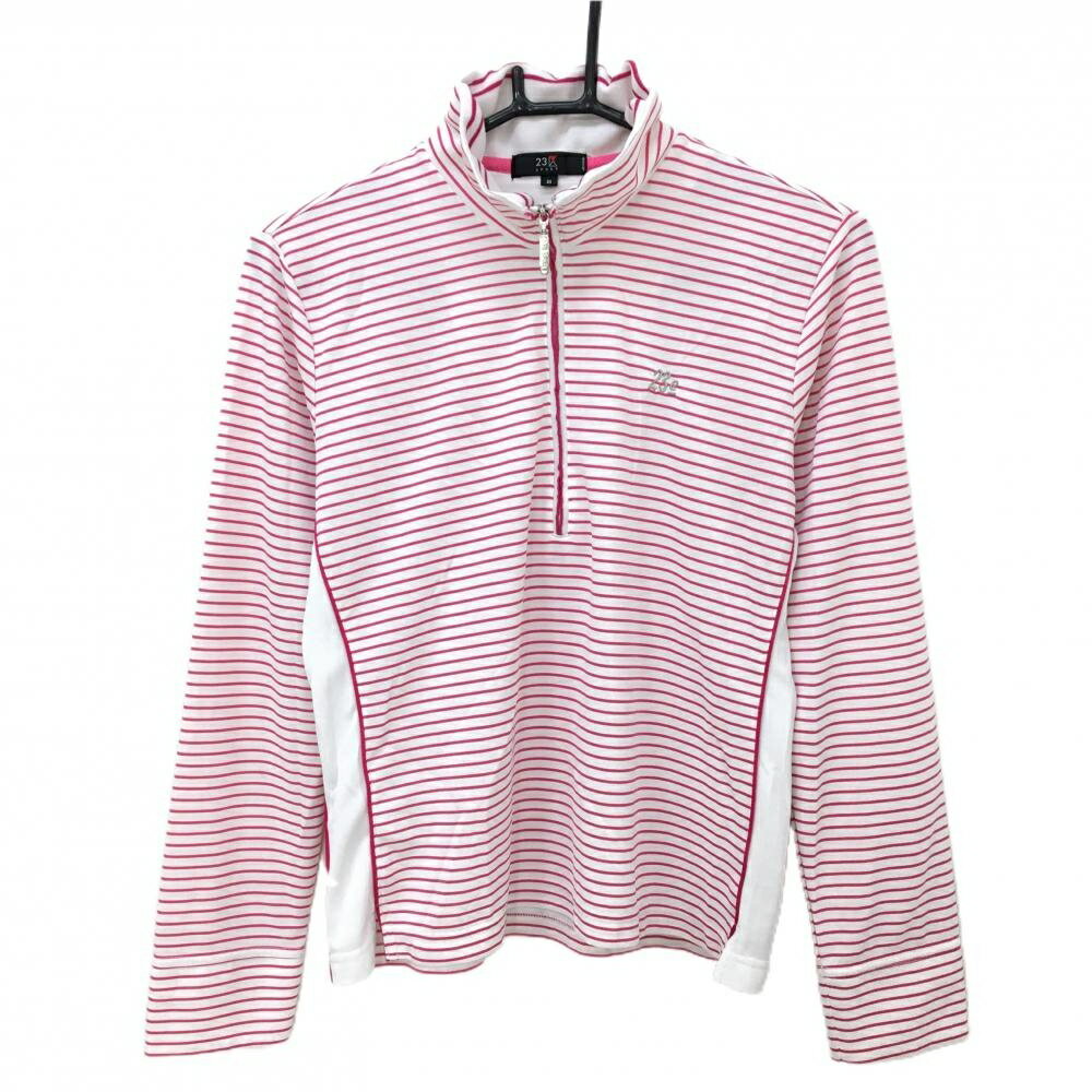 ★特価★【美品】23区スポーツ 長袖ハイネックシャツ 白×ピンク ボーダー ハーフジップ ロゴ刺しゅう レディース III(XL) ゴルフウェア 23区