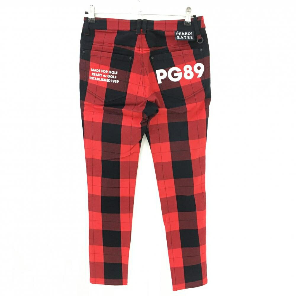 【超美品】パーリーゲイツ パンツ レッド×黒 チェック ストレッチ ロゴプリント レ...
