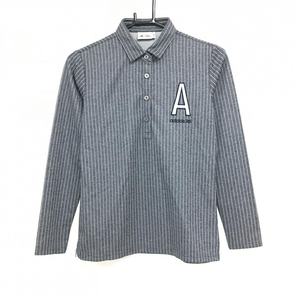 ★特価★【美品】アディダス 長袖ポロシャツ 杢グレー×白 ストライプ レディース M/M ゴルフウェア adidas