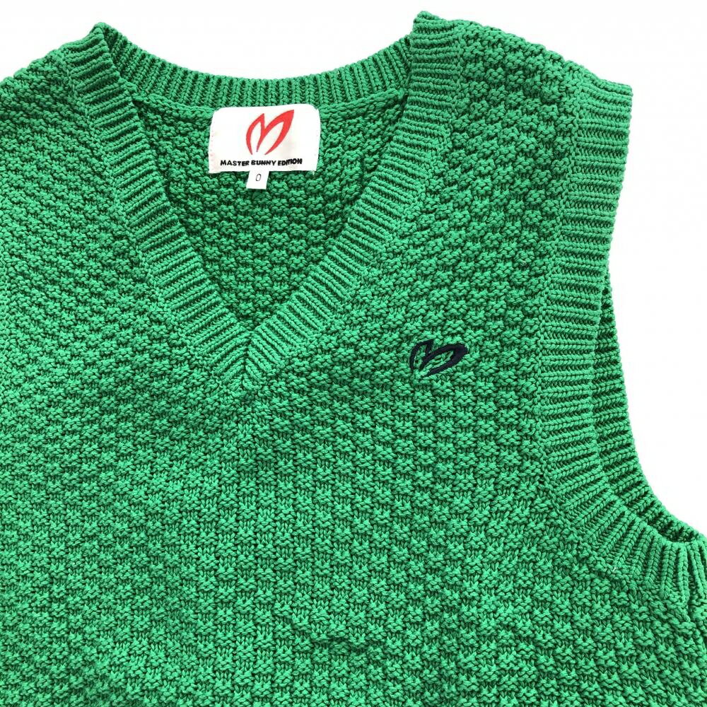 【美品】マスターバニー ニットベスト グリーン コットン100％ Vネック レディース 0(S) ゴルフウェア MASTER BUNNY EDITION