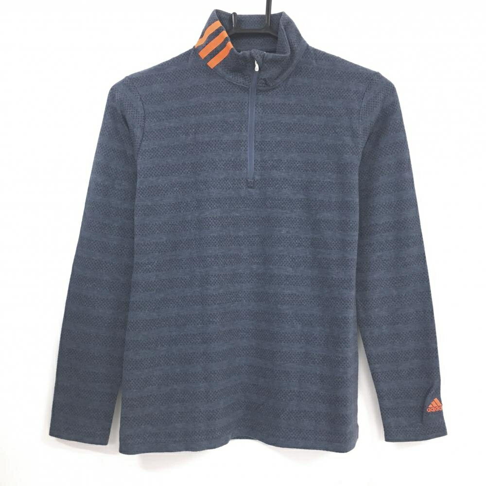 【美品】アディダス 長袖ハイネックシャツ ネイビーグレー×ネイビー ボーダー ネック3ライン 微起毛 レディース M/M ゴルフウェア adidas