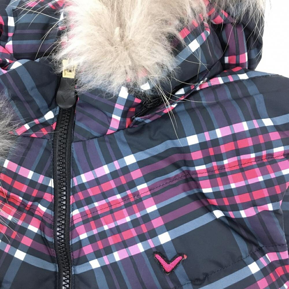 【美品】キャロウェイ フード付きダウンベスト ネイビー×ピンク チェック フード着脱可 レディース M ゴルフウェア Callaway