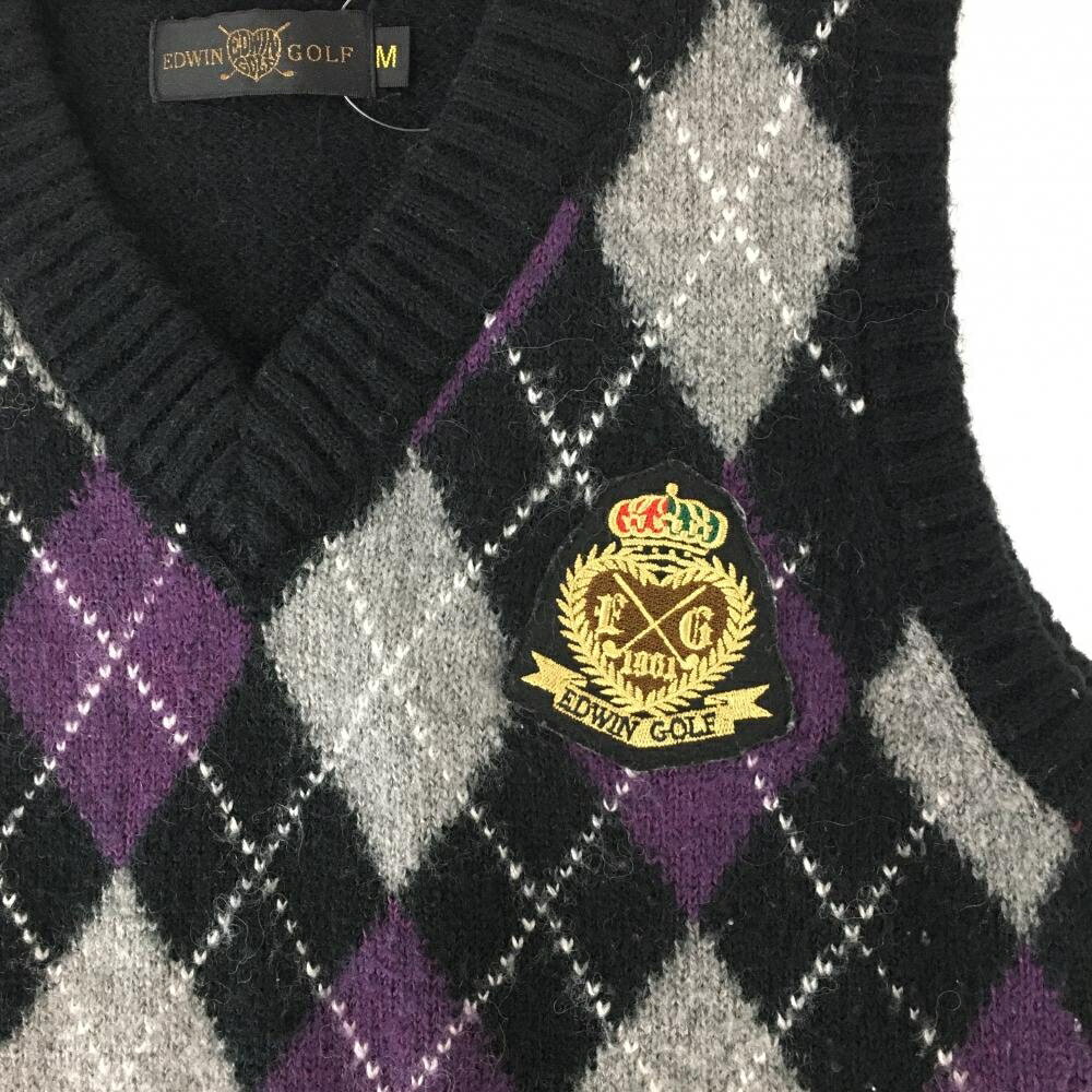 エドウィンゴルフ ニットベスト 黒×パープル 前面アーガイル ウール混 Vネック レディース M ゴルフウェア EDWIN GOLF