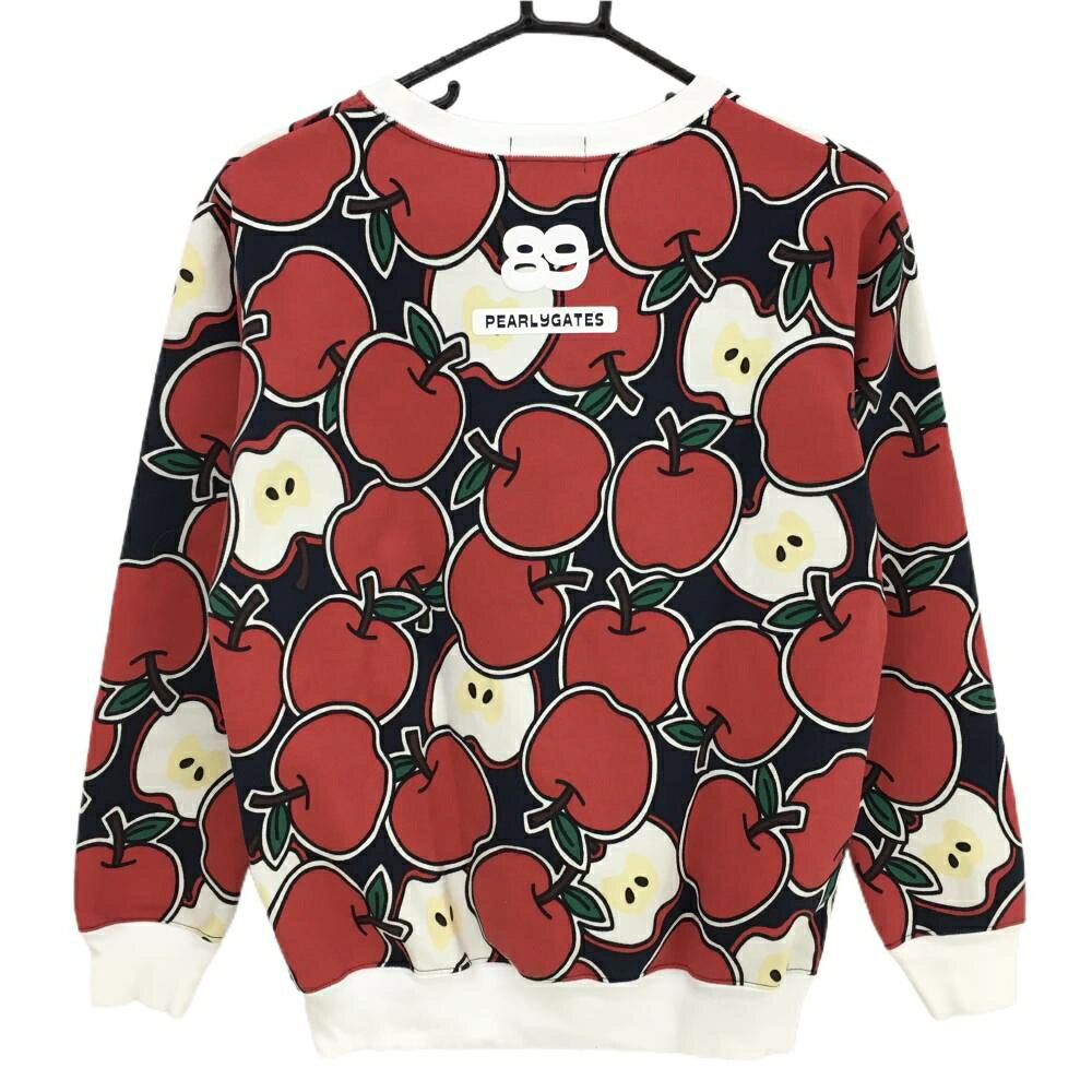 【超美品】パーリーゲイツ トレーナー ネイビー×レッド アップル総柄 裏起毛 レディース 1(M) ゴルフウェア PEARLY GATES