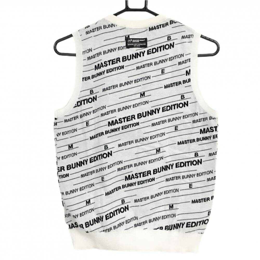 【美品】マスターバニー ニットベスト 白×黒 ロゴ総柄 Vネック コットン混 レディース 1(M) ゴルフウェア MASTER BUNNY EDITION