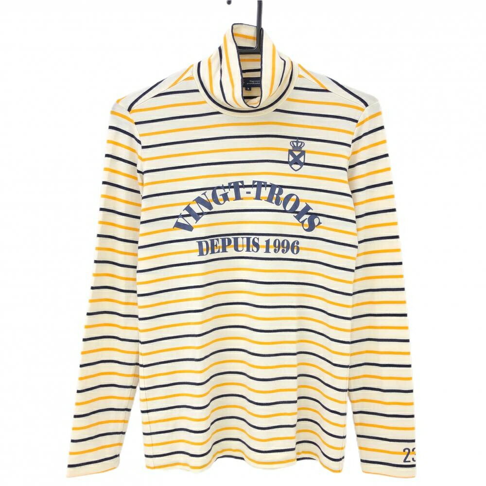 23区ゴルフ 長袖ハイネックシャツ アイボリー×オレンジ系 ボーダー 表微起毛 アクリル混 レディース II..