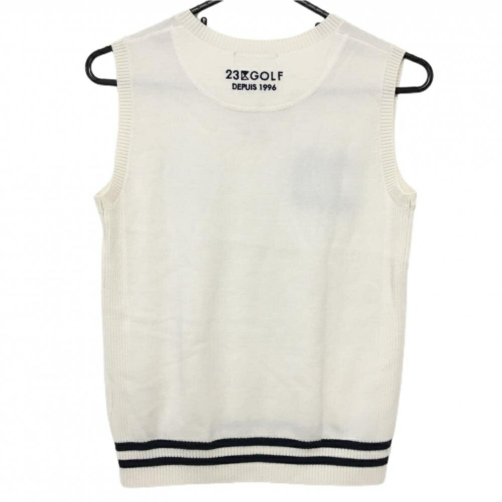 【超美品】23区ゴルフ ニットベスト 白×ネイビー ワッペン ウール混 Vネック レデ...