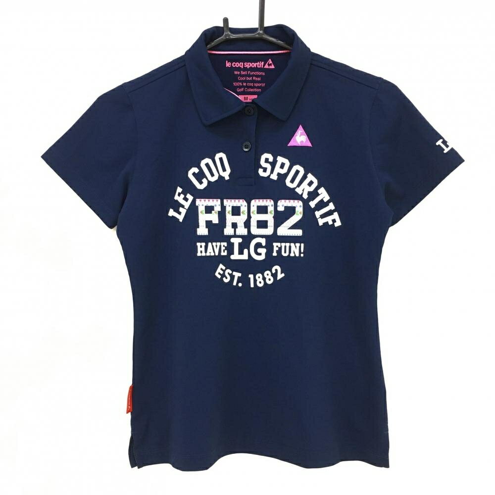 Shirts - 【美品】ルコックスポルティフ 半袖ポロシャツ ネイビー×白 前面ロゴプリント レディース M ゴルフウェア le coq sportif