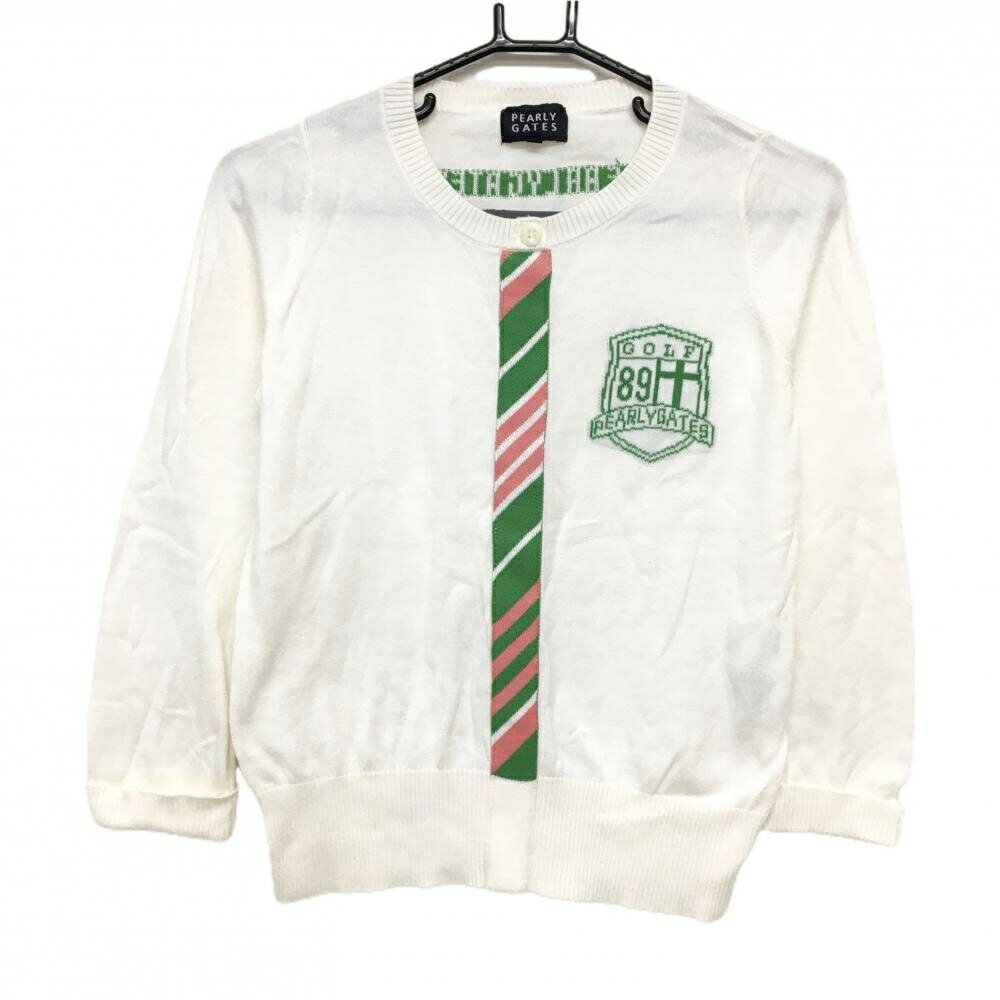 【美品】パーリーゲイツ セーター 白×グリーン 一部斜めボーダー コットン ニット レディース 1(M) ゴ..
