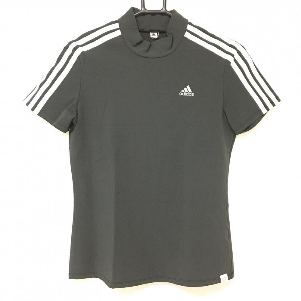 【超美品】アディダス 半袖ハイネックシャツ ダークグレー×白 袖3ライン レディース D ゴルフウェア adidas