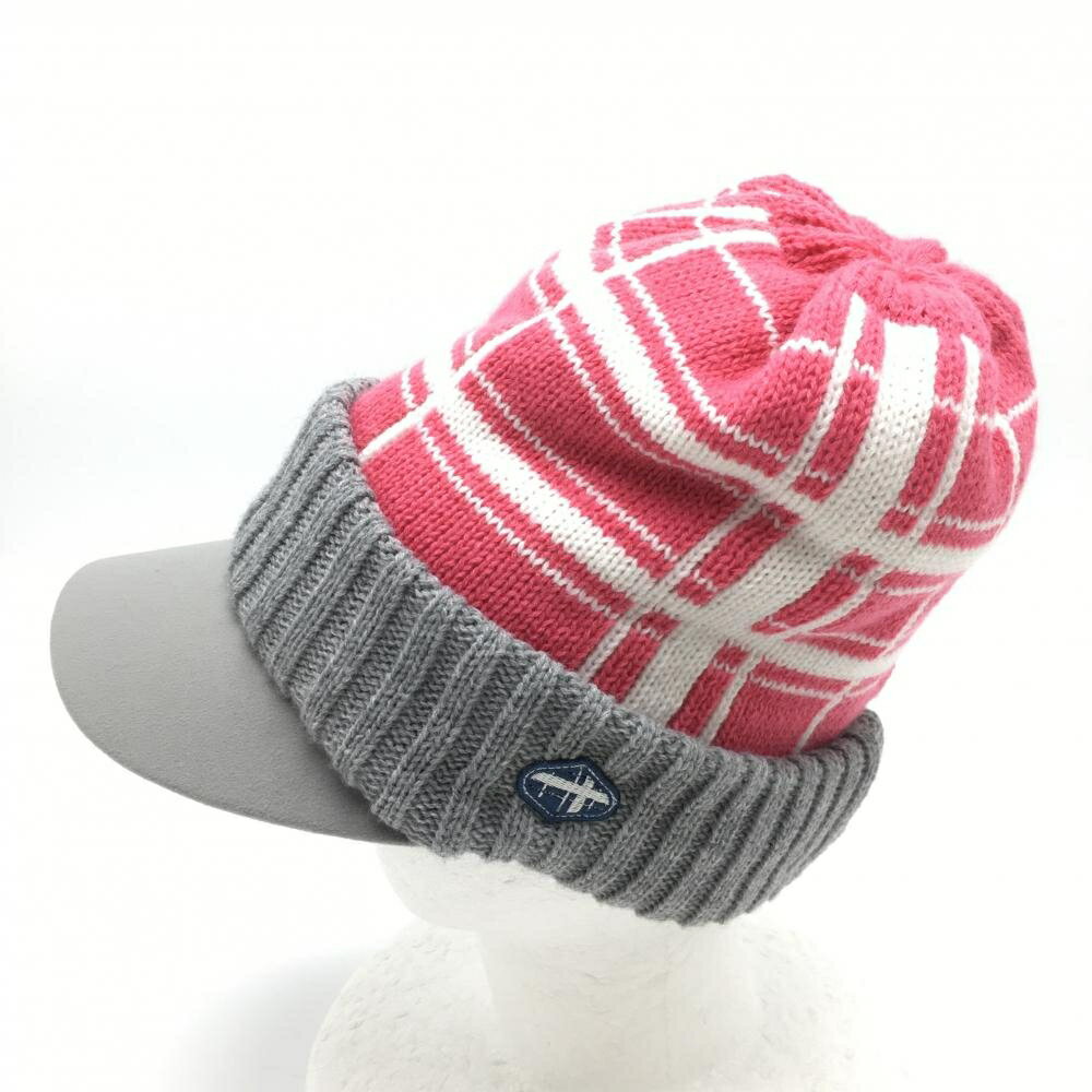 【美品】フィドラ つば付ニット帽 ピンク×グレー チェック FREE ゴルフウェア FIDRA