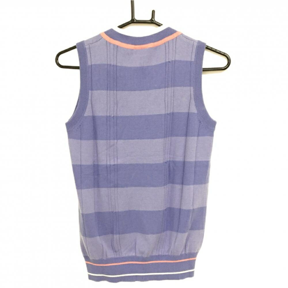 アディダス ニットベスト パープル×サーモンピンク Vネック ボーダー ロゴ刺しゅう 綿混 レディース S/P ゴルフウェア adidas